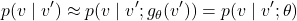 \[p(v \mid v') \approx p(v \mid v'; g_\theta(v')) = p(v \mid v'; \theta)\]